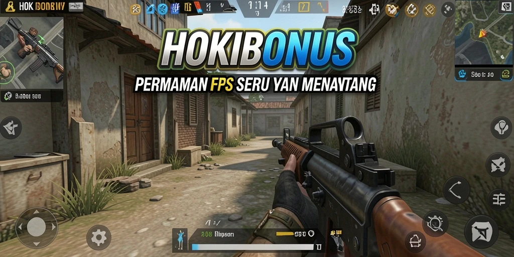 Screenshot utama HOKIBONUS menampilkan aksi mendebarkan dalam pertempuran FPS.
