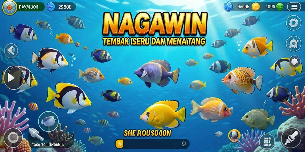 Tampilan gameplay yang seru di dalam NAGAWIN dengan banyak ikan untuk ditembak.