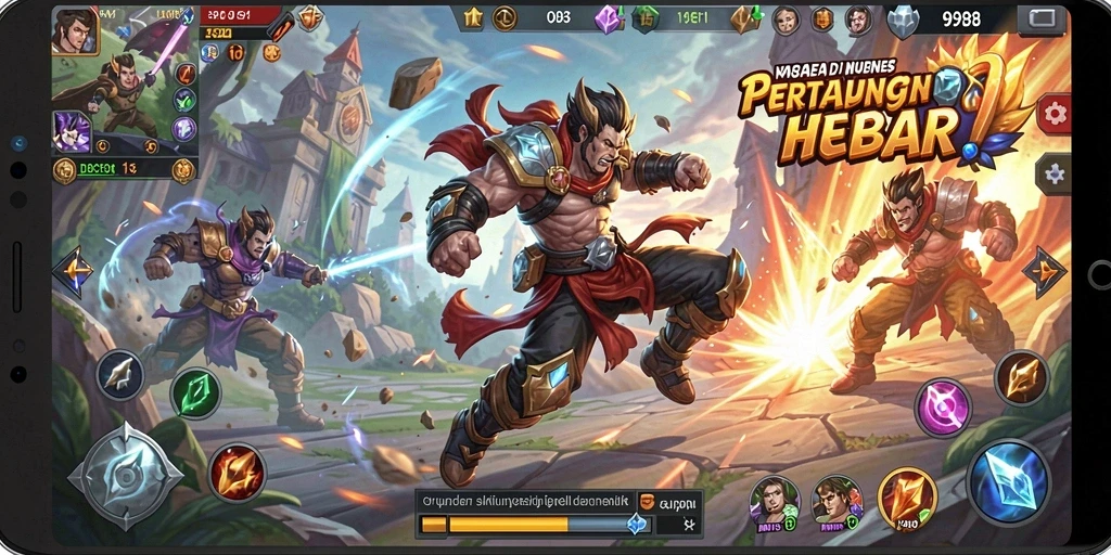 Tampilan gameplay intens dari V98 dengan aksi MOBA mendebarkan.
