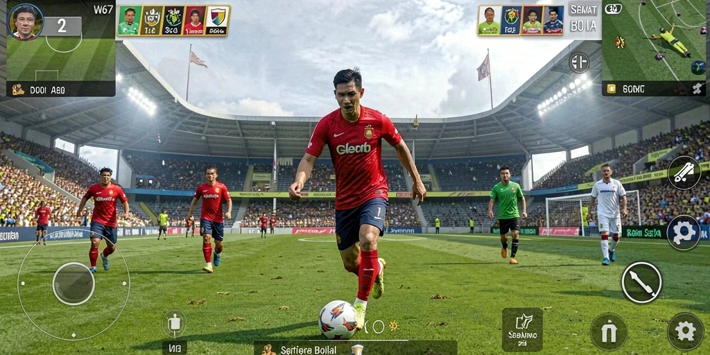 Screenshot gameplay W67 yang menampilkan aksi pertandingan sepak bola.